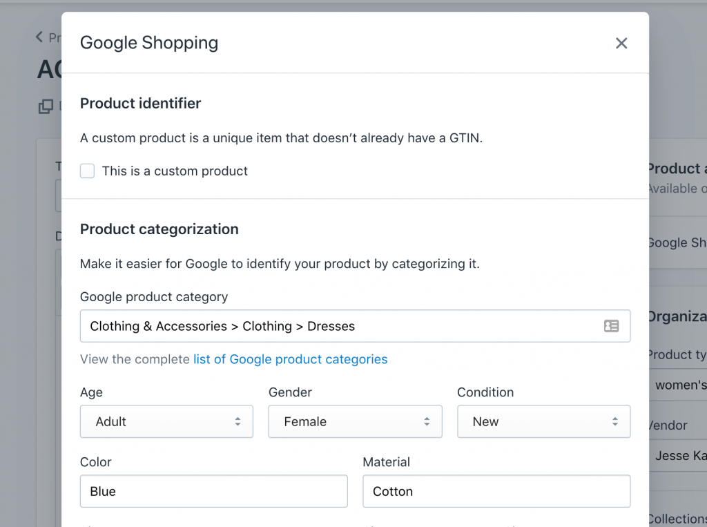 google field for google shopping